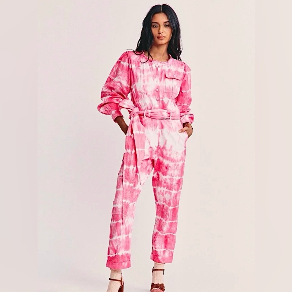 NWT LoveShackFancy Paca Jumpsuit in Hibiscus Hand Dyed Pink white Tie-dye​